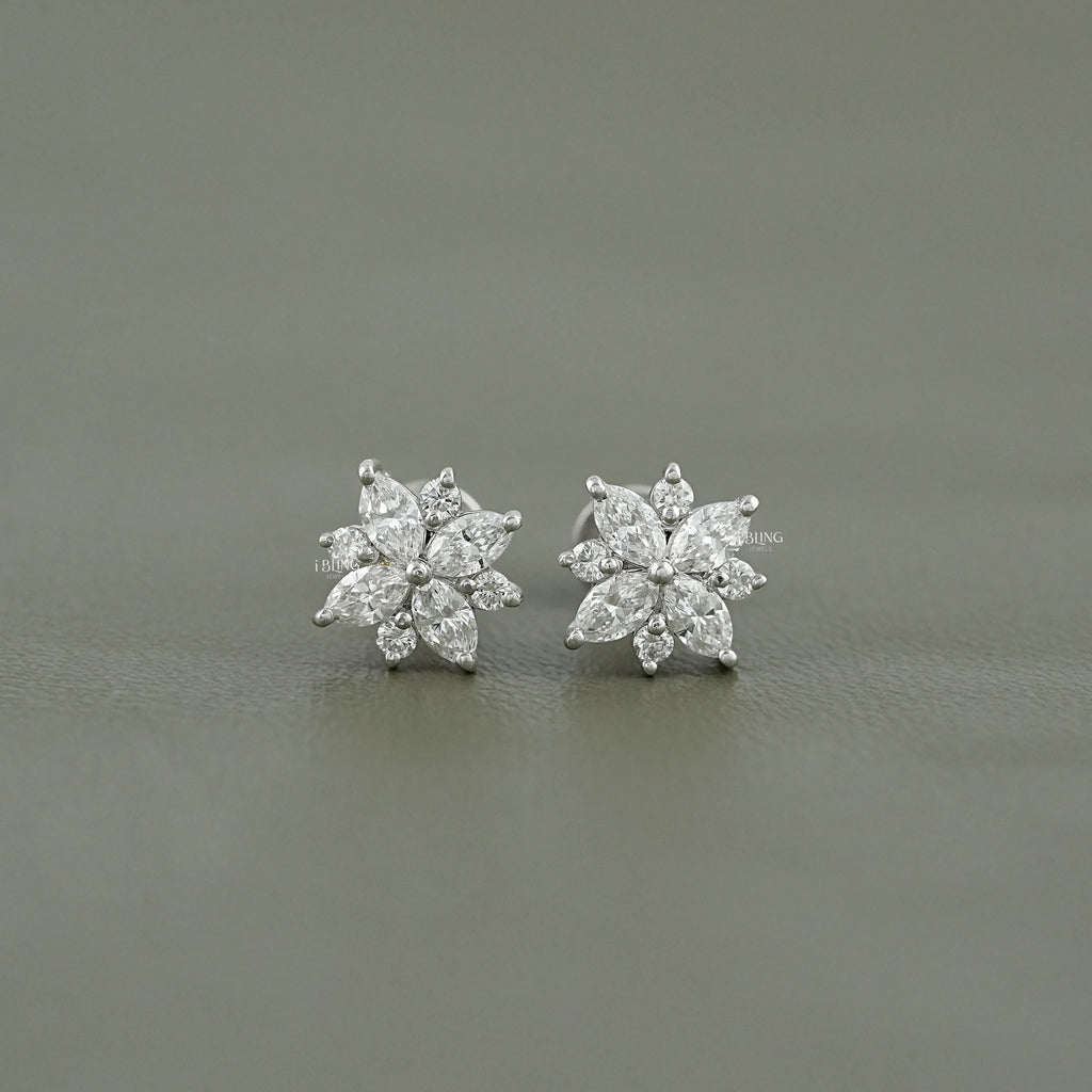 Marquise and Round Diamond Floral Stud Earrings