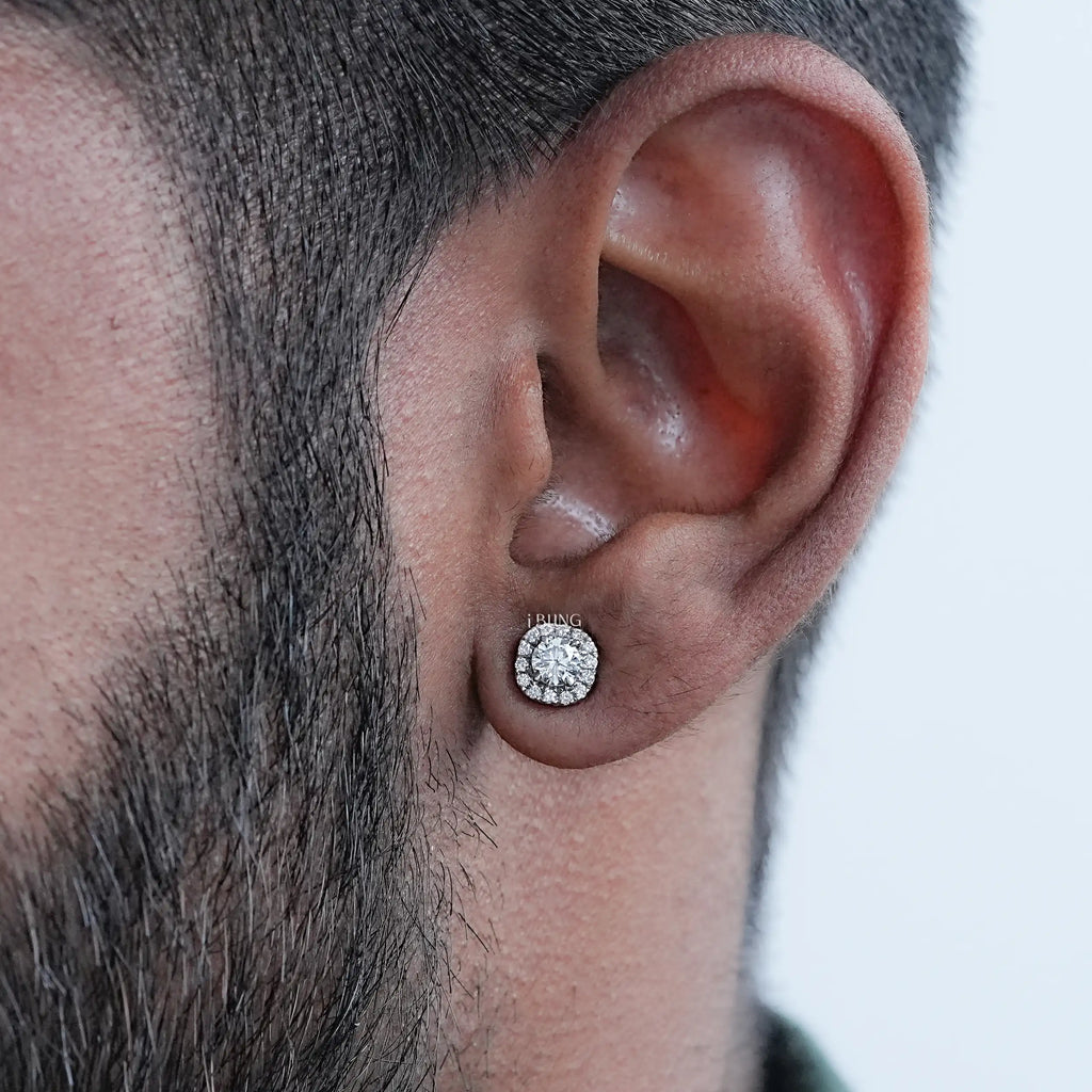 Round Shape Halo Stud Earring For Men