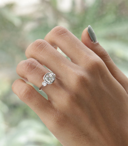 Three Stone Cushion Moissanite Bezel Set Ring