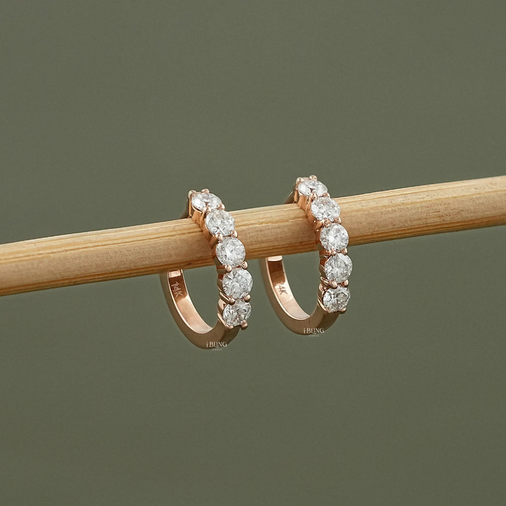 Five Stone Round Moissanite Huggie Hoop Earrings
