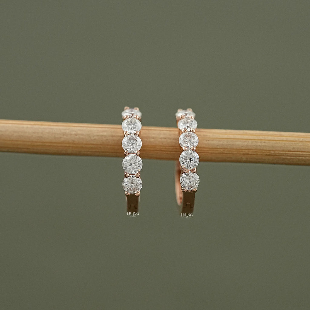 Five Stone Round Moissanite Huggie Hoop Earrings