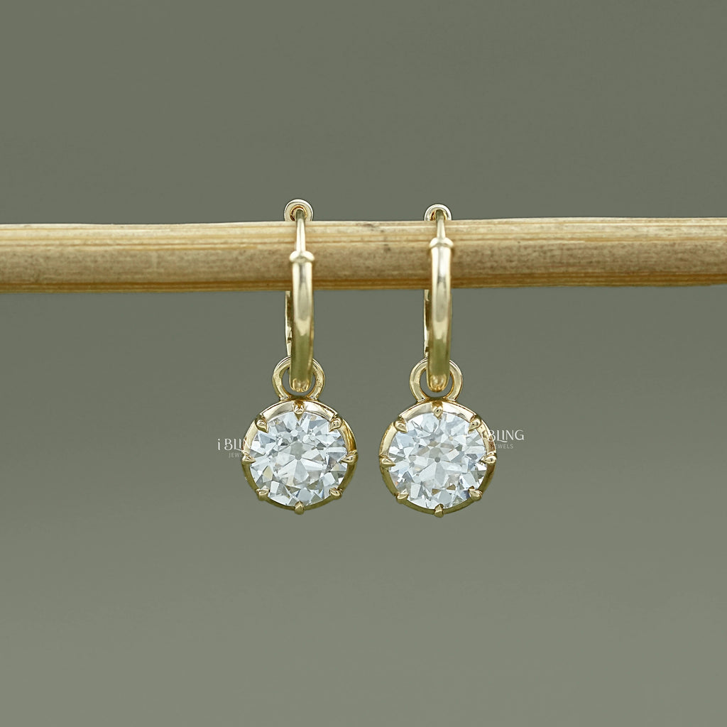 Old European Round Cut Drop Hoop Earrings