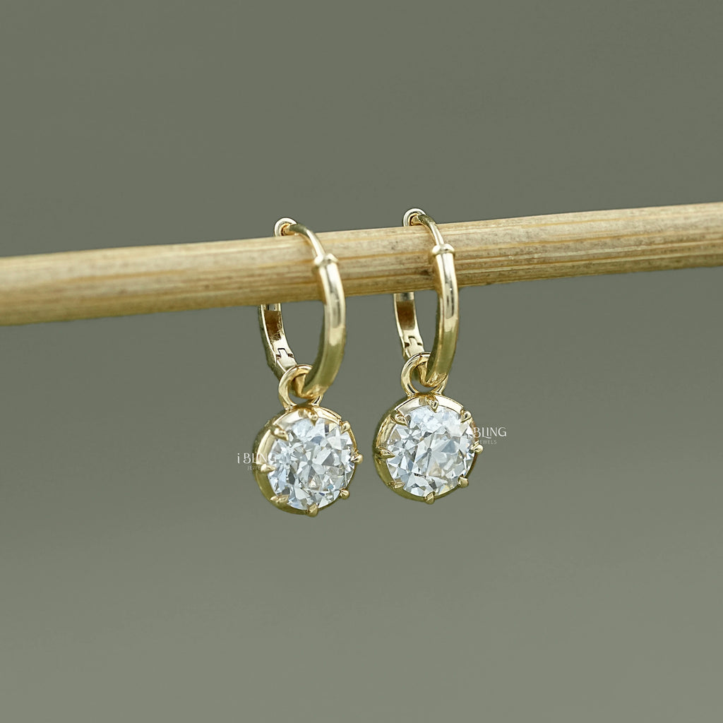 Old European Round Cut Drop Hoop Earrings