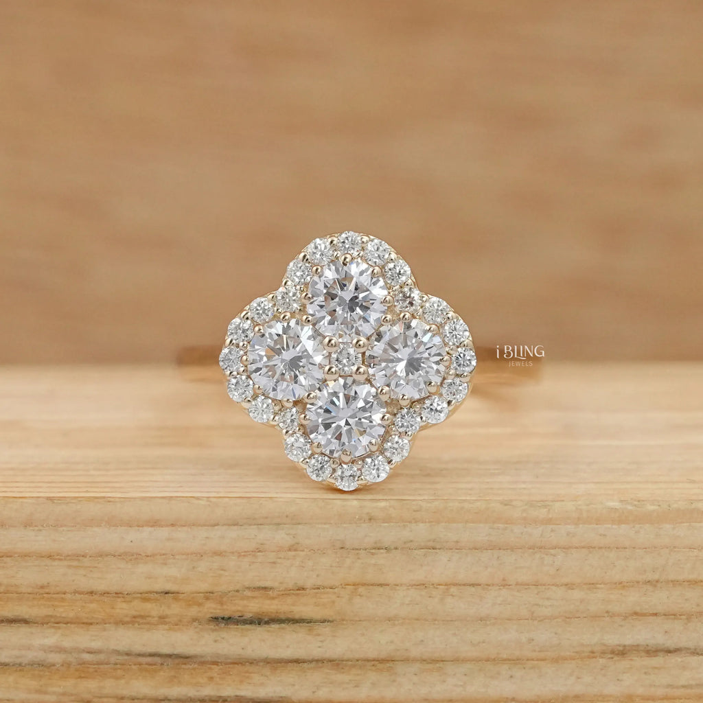 Round Lab Diamond Floral Design Halo Engagement Ring