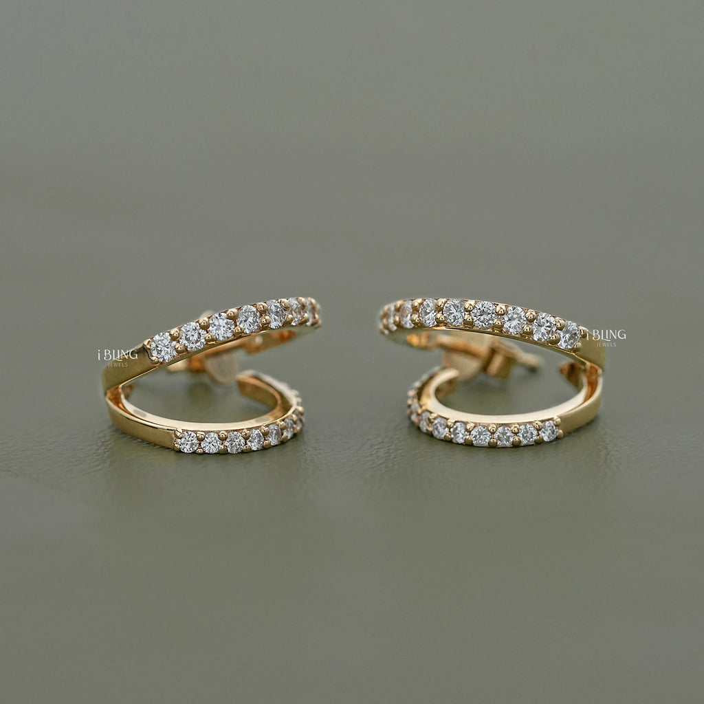 Round Diamond Double Row C Hoop Earrings
