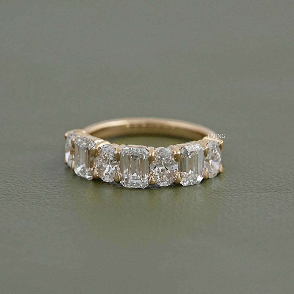 Emerald And Oval Diamond Seven Stone Wedding Band