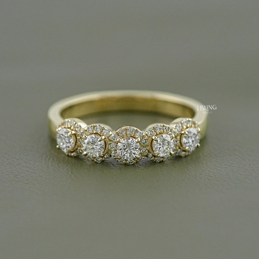 Round Lab Grown Diamond Five Stone Halo Wedding Band