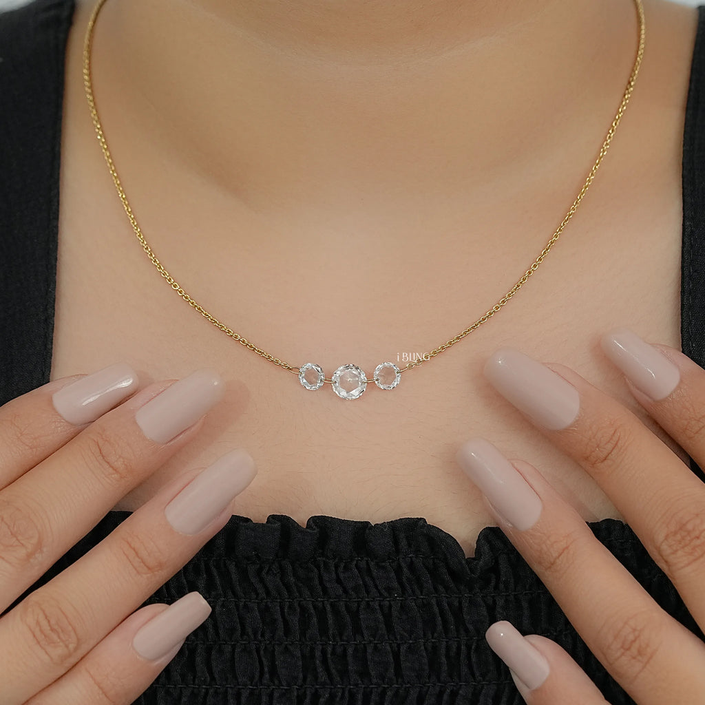Round Rose Cut Three Stone Lab Diamond Linked Necklace