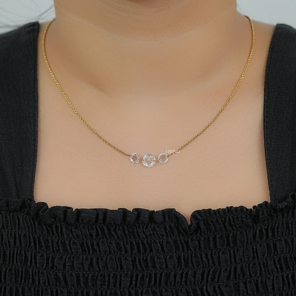 Round Rose Cut Three Stone Lab Diamond Linked Necklace
