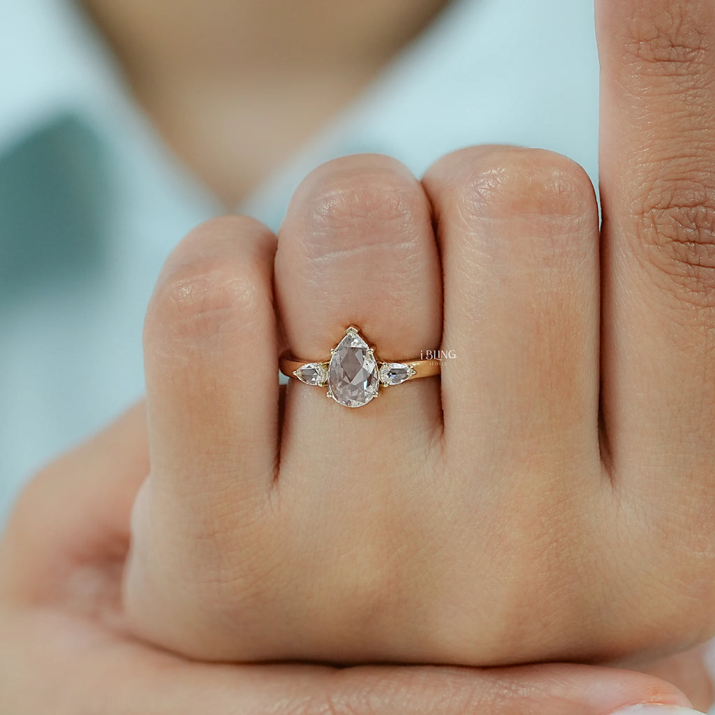 Three Stone Rose Cut Pear Lab Diamond Engagement Ring