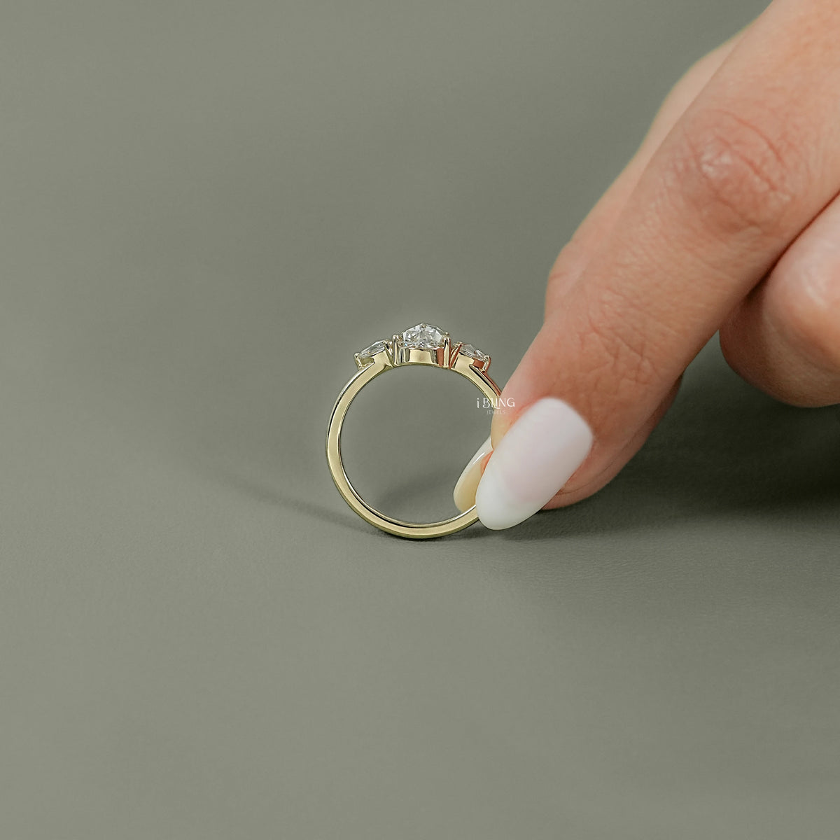 Three Stone Rose Cut Pear Lab Diamond Engagement Ring Three Stone Ring