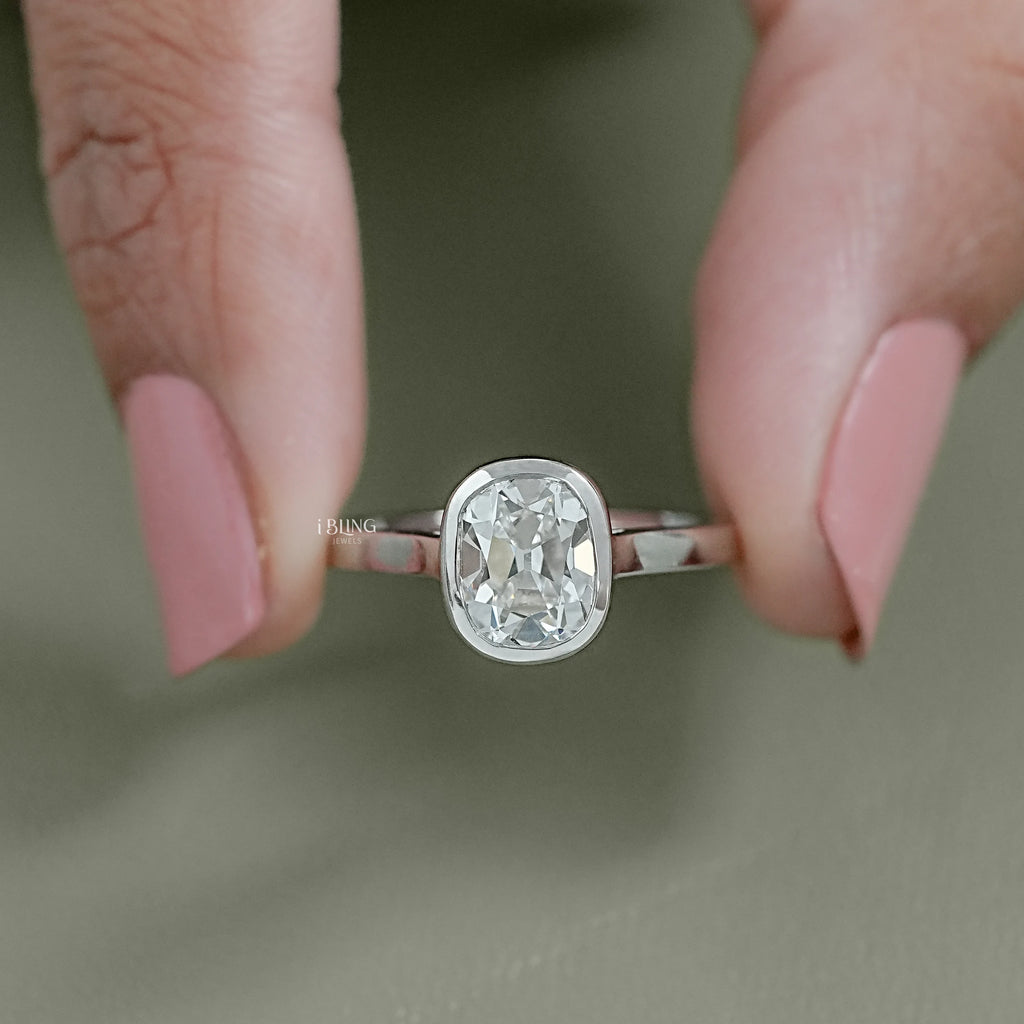 Old Mine Cushion Cut Solitaire Bezel Set Ring