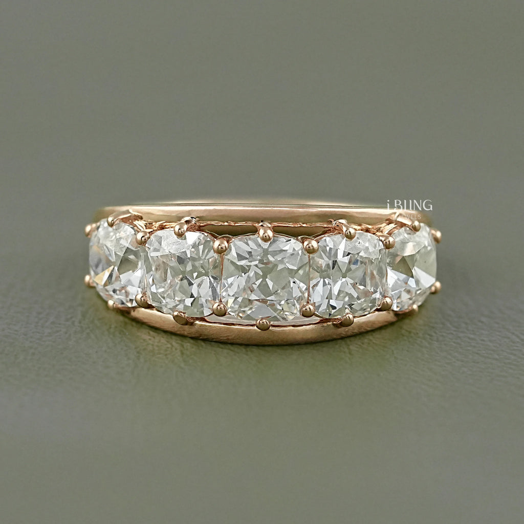 Old Mine Cushion Diamond Split Shank Five Stone Band