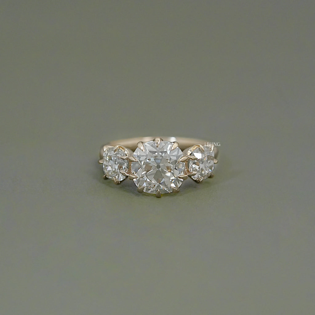 Three Stone Old Mine Cushion Cut Engagement Ring