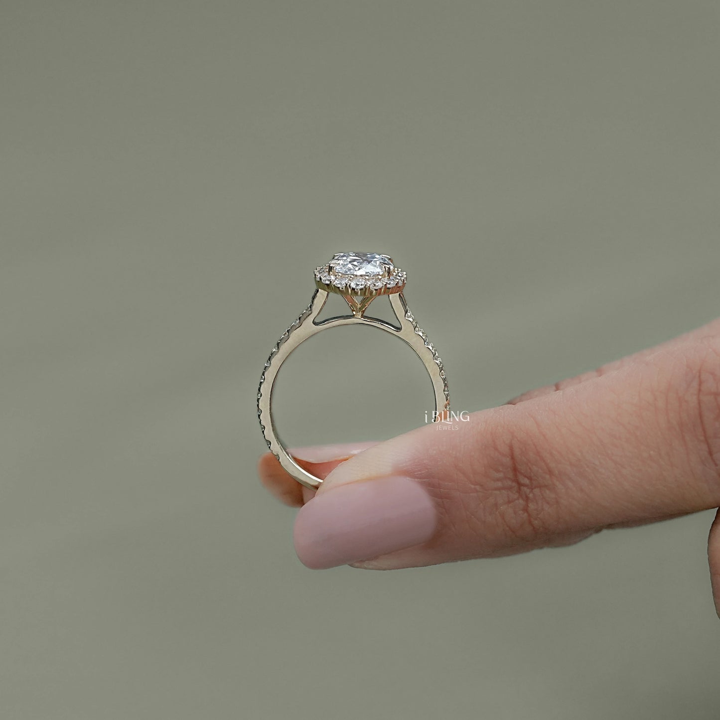 Display Top view of Oval halo accent ring with lab diamond center, crafted as luxury engagement jewelry