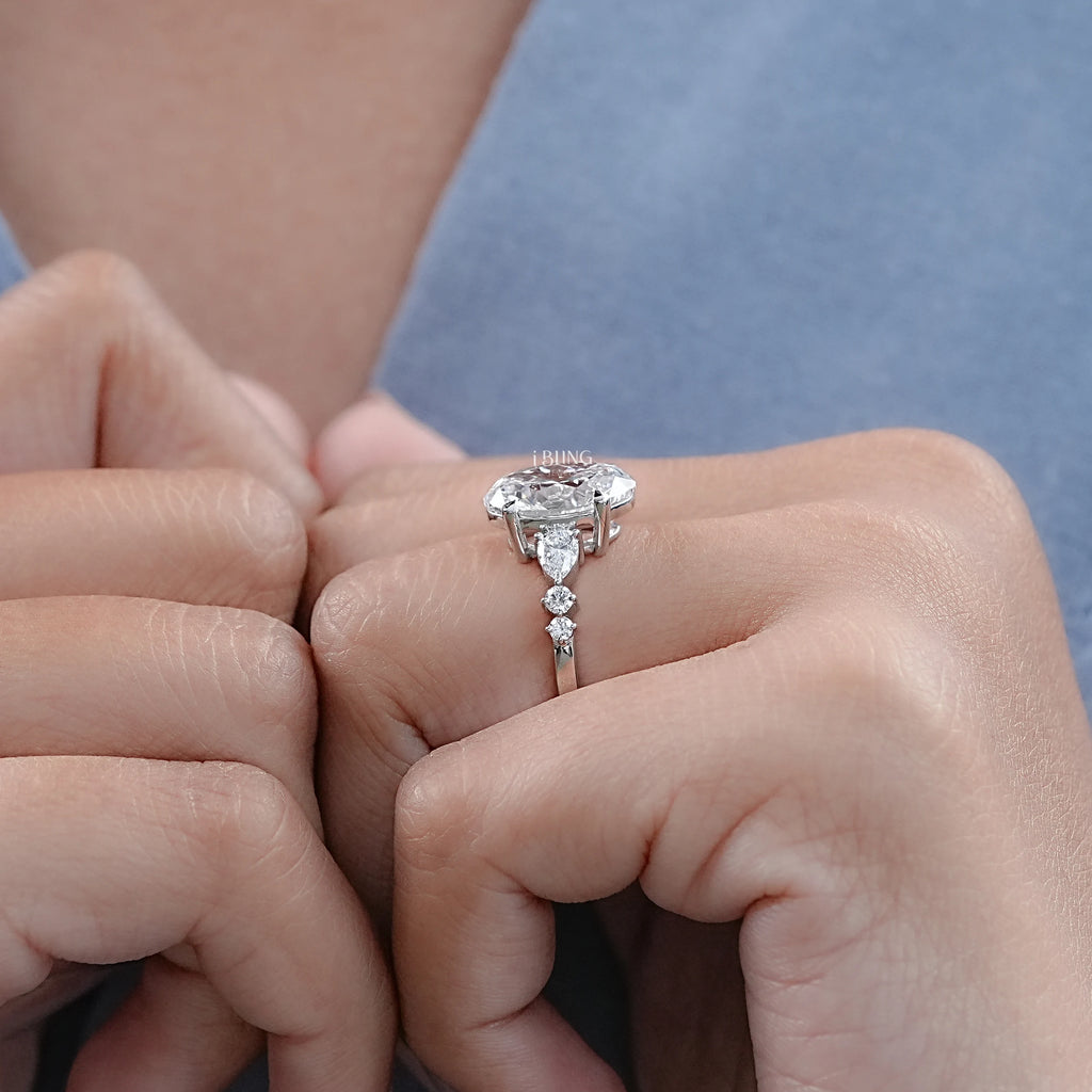 Oval Cut Lab Diamond Solitaire Accent Engagement Ring