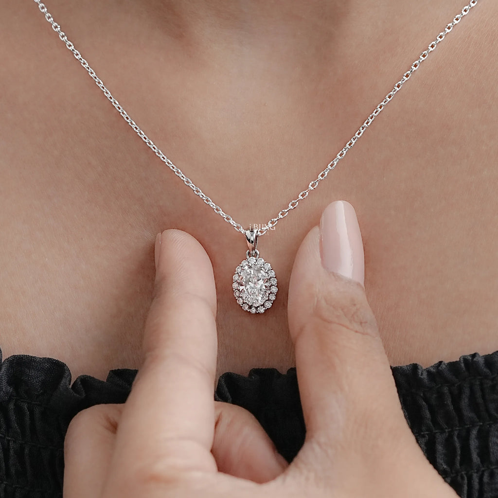 Oval Lab Grown Diamond Halo Necklace