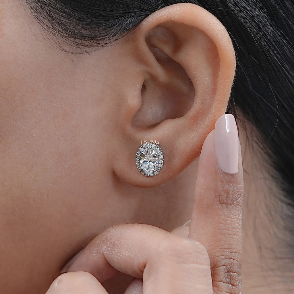 Oval Cut Lab Grown Diamond Halo Stud Earrings