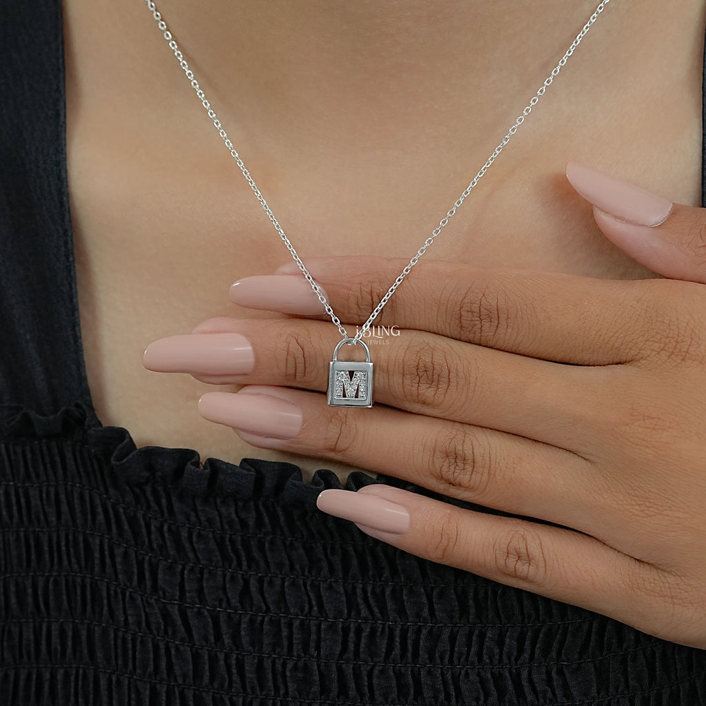 Round Cut Lab Diamond Padlock M Letter Necklace