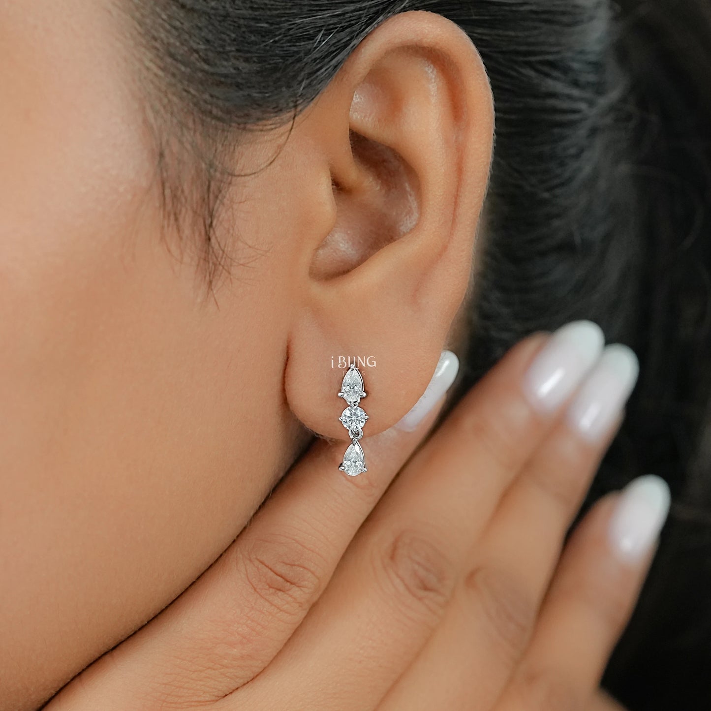 Three Stone Pear Lab Diamond Dangle Drop Earrings