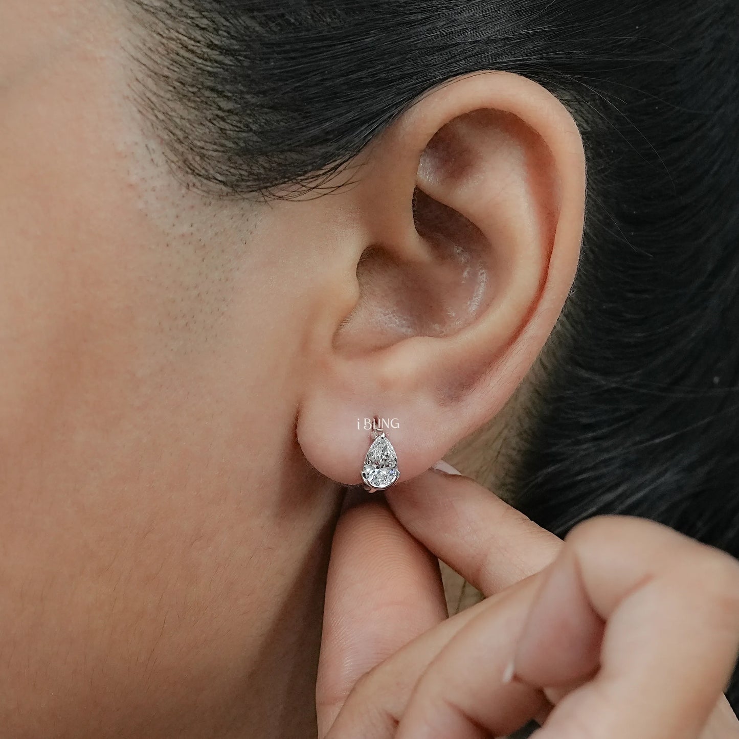 Pear Diamond Half Bezel Huggie Hoop Earrings