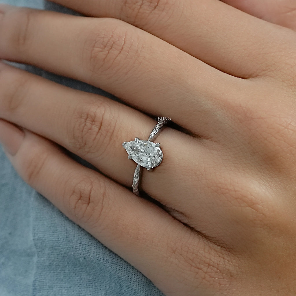 Pear Cut Lab Grown Diamond Ring with Vintage Hand-Engraved Band