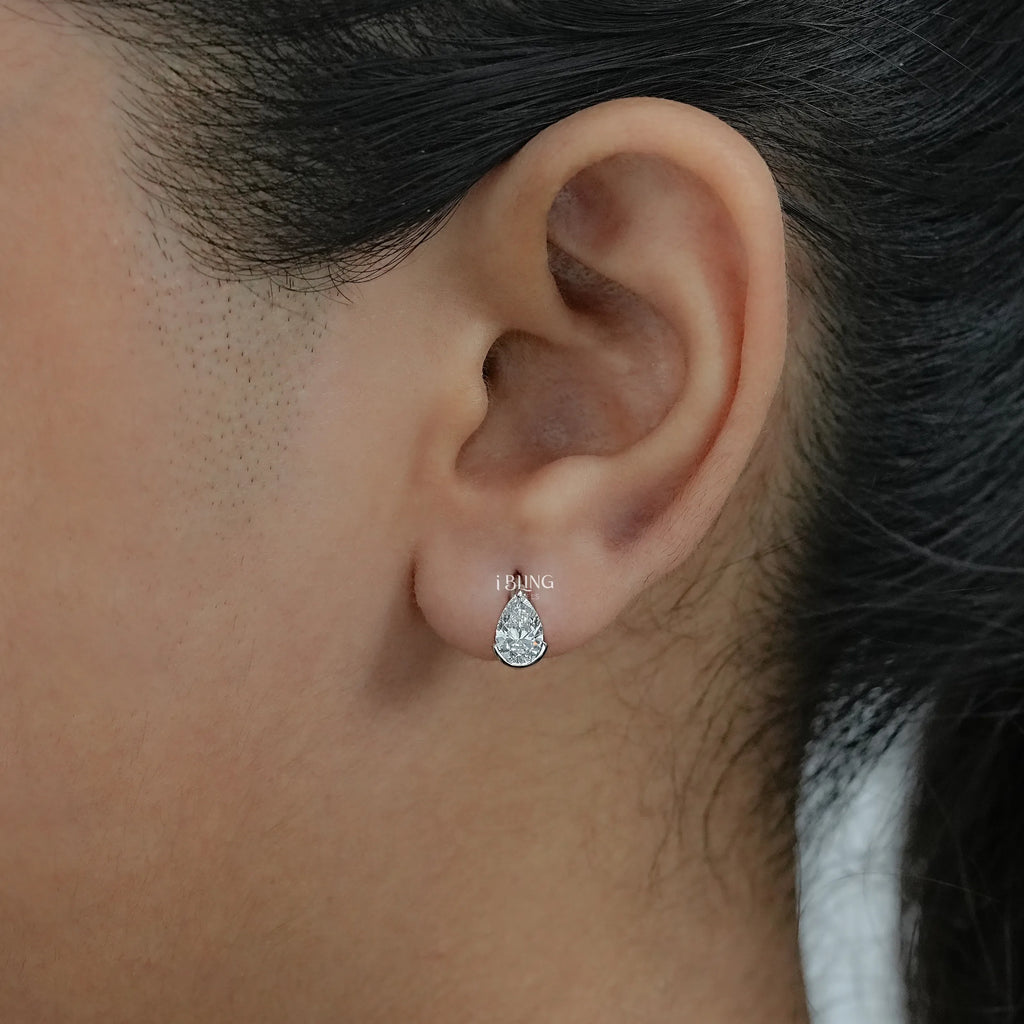 Pear Diamond Half Bezel Huggie Hoop Earrings