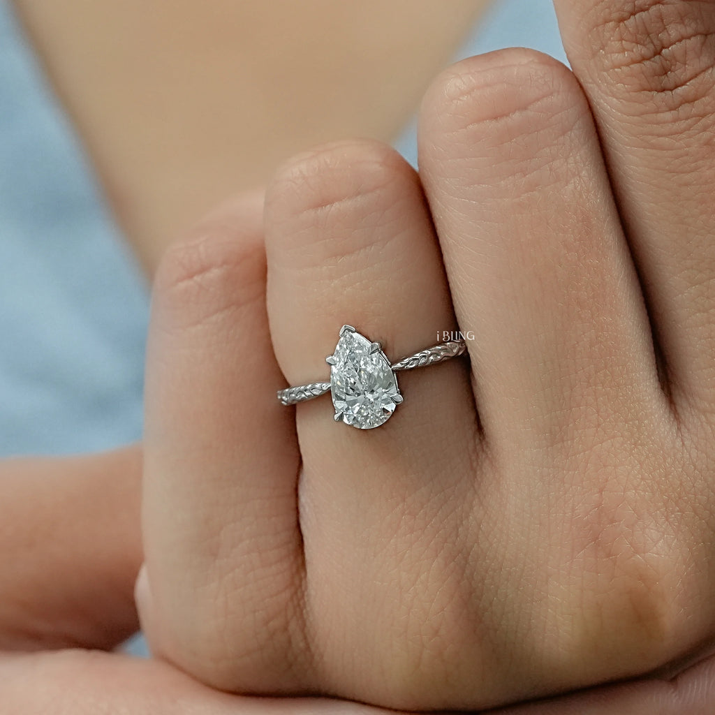 Pear Cut Lab Grown Diamond Ring with Vintage Hand-Engraved Band