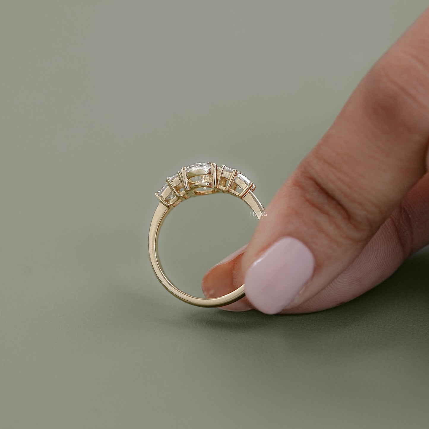 Top view of Princess and Baguette Oval Five Stone Lab Grown Diamond Engagement Ring crafted finely