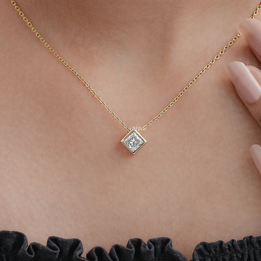 Princess Diamond Bezel Set Solitaire Necklace