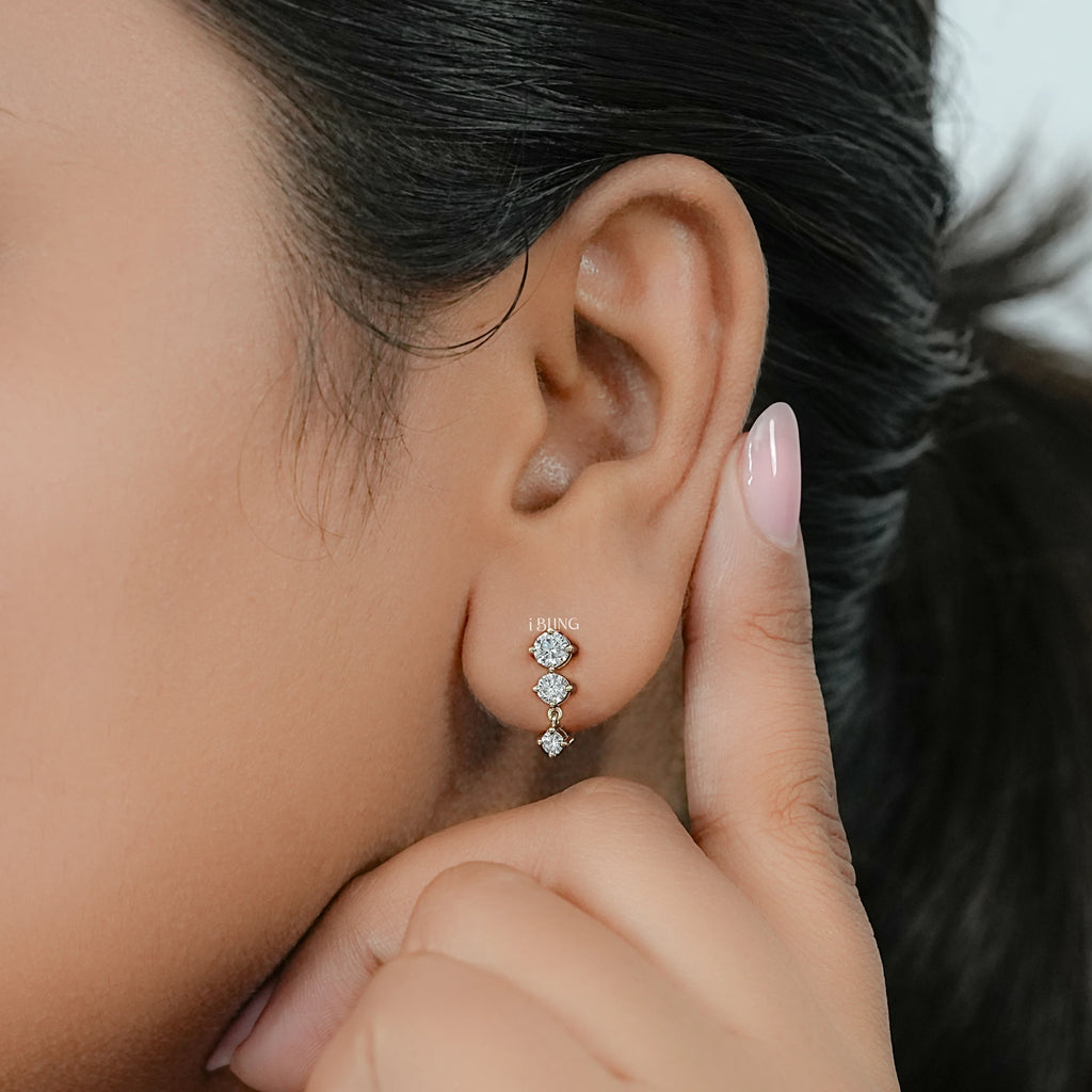 Round Cut Lab Diamond Three Stone Dangle Drop Earring