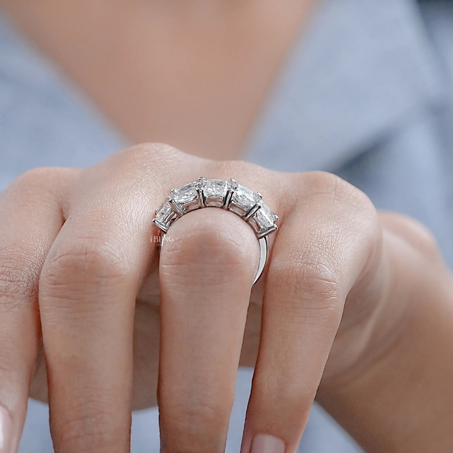 Five Stone Radiant Lab Diamond Wedding Band