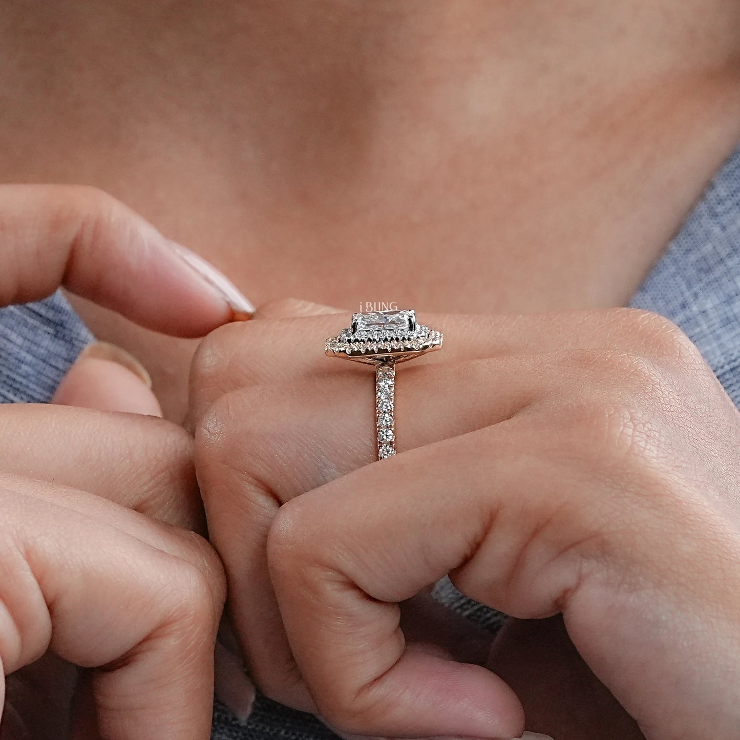 Model hand displays Radiant Cut Lab Diamond Double Halo Ring crafted for premium ring lovers