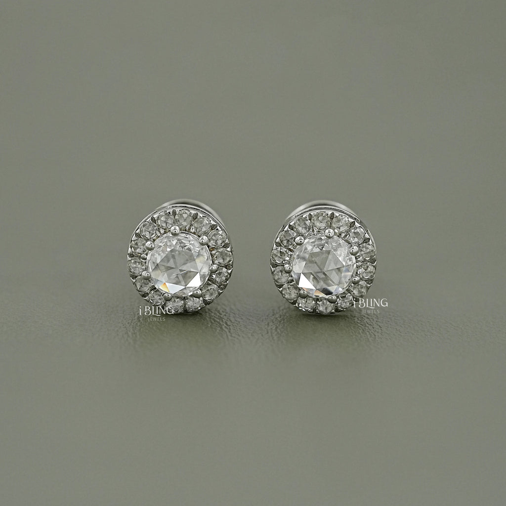 Round Rose Cut Diamond Halo Stud Earrings