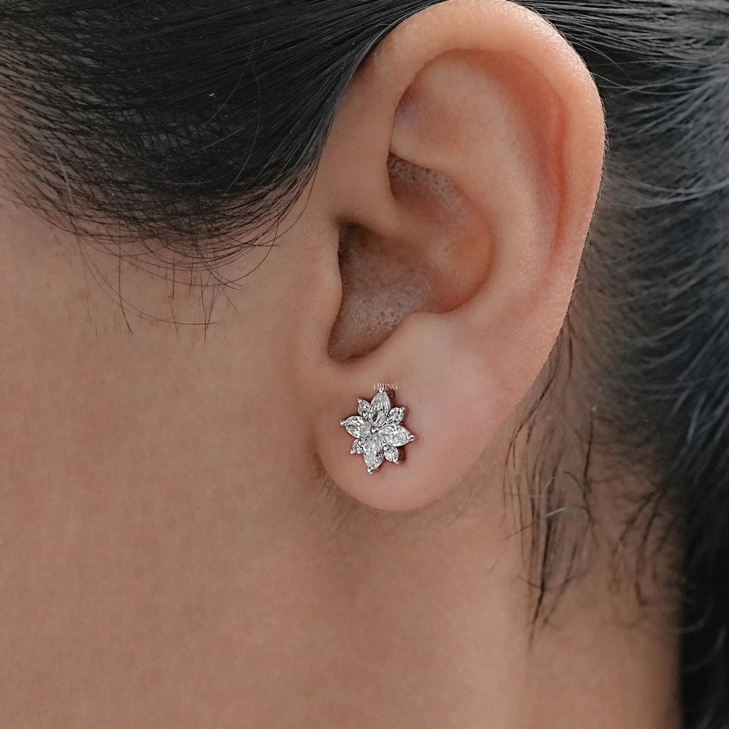 Marquise and Round Diamond Floral Stud Earrings