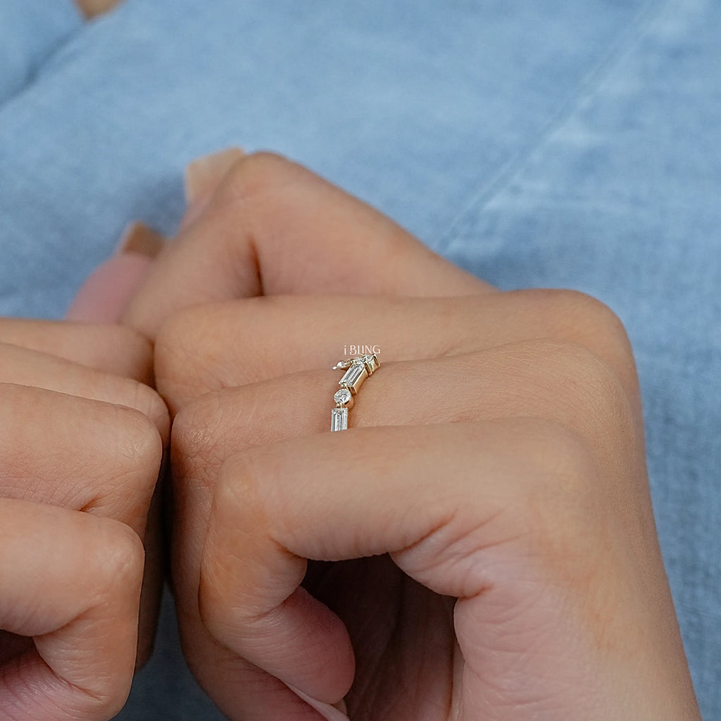Round And Baguette Diamond V Shape Engagement Ring