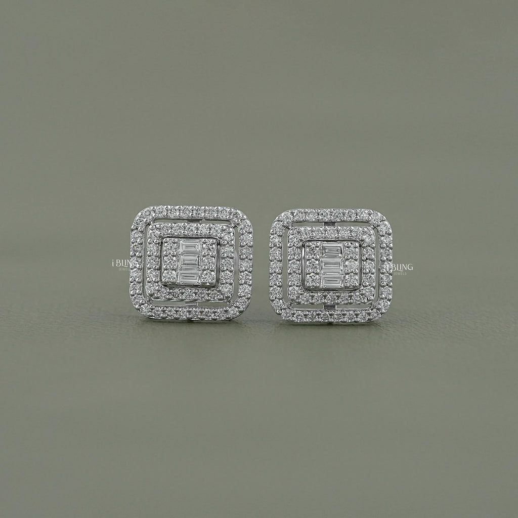 Round & Baguette Diamond Cluster Stud Earring