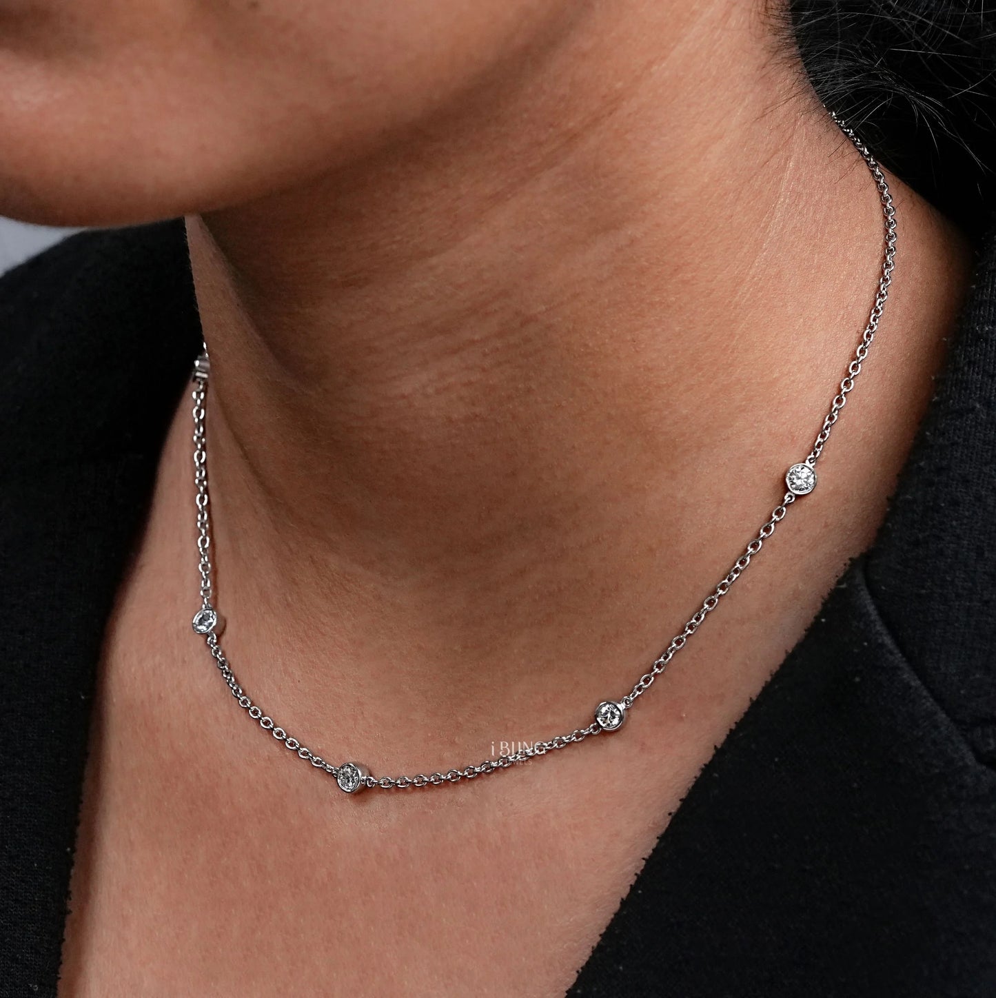 Round Lab Diamond Bezel Set Station Necklace Necklace