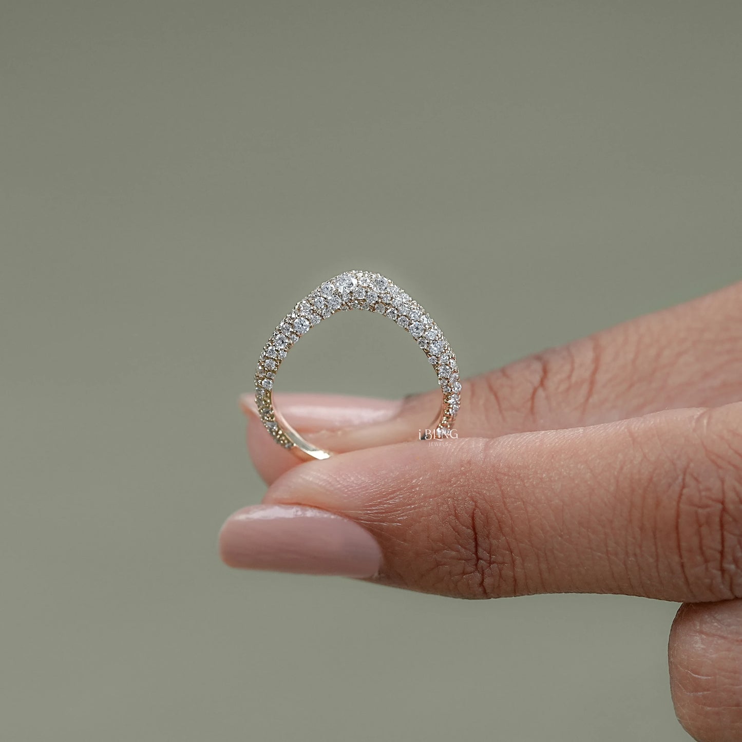 Round Diamond Pave Set Curved Wedding Band