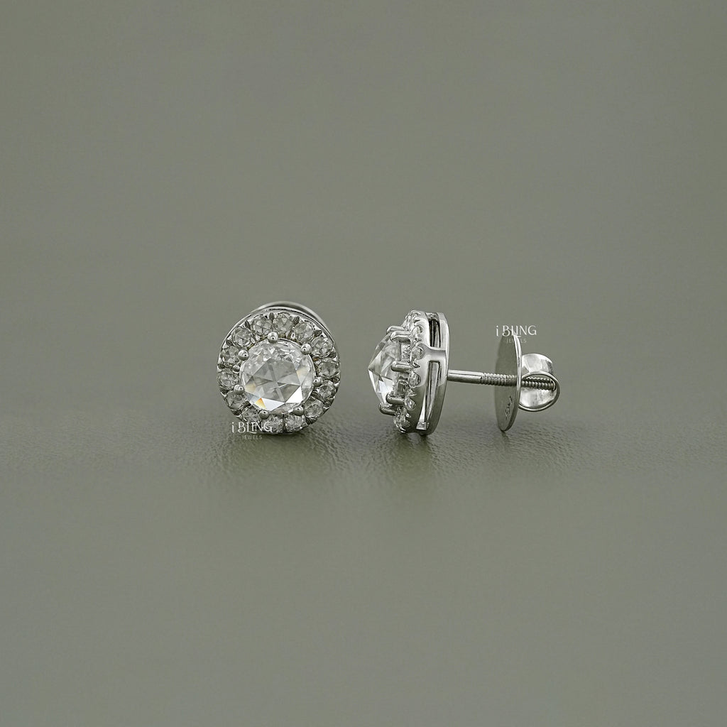 Round Rose Cut Diamond Halo Stud Earrings
