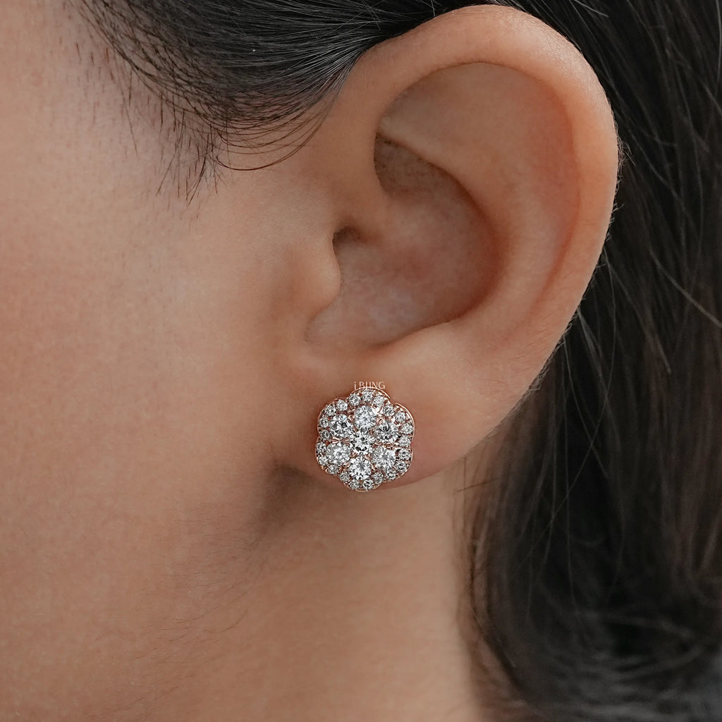 Floral Shape Round Lab Diamond Cluster Stud Earrings