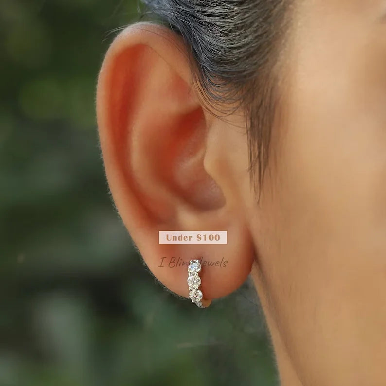 Round Cut Three Stone Huggie Hoop Earrings
