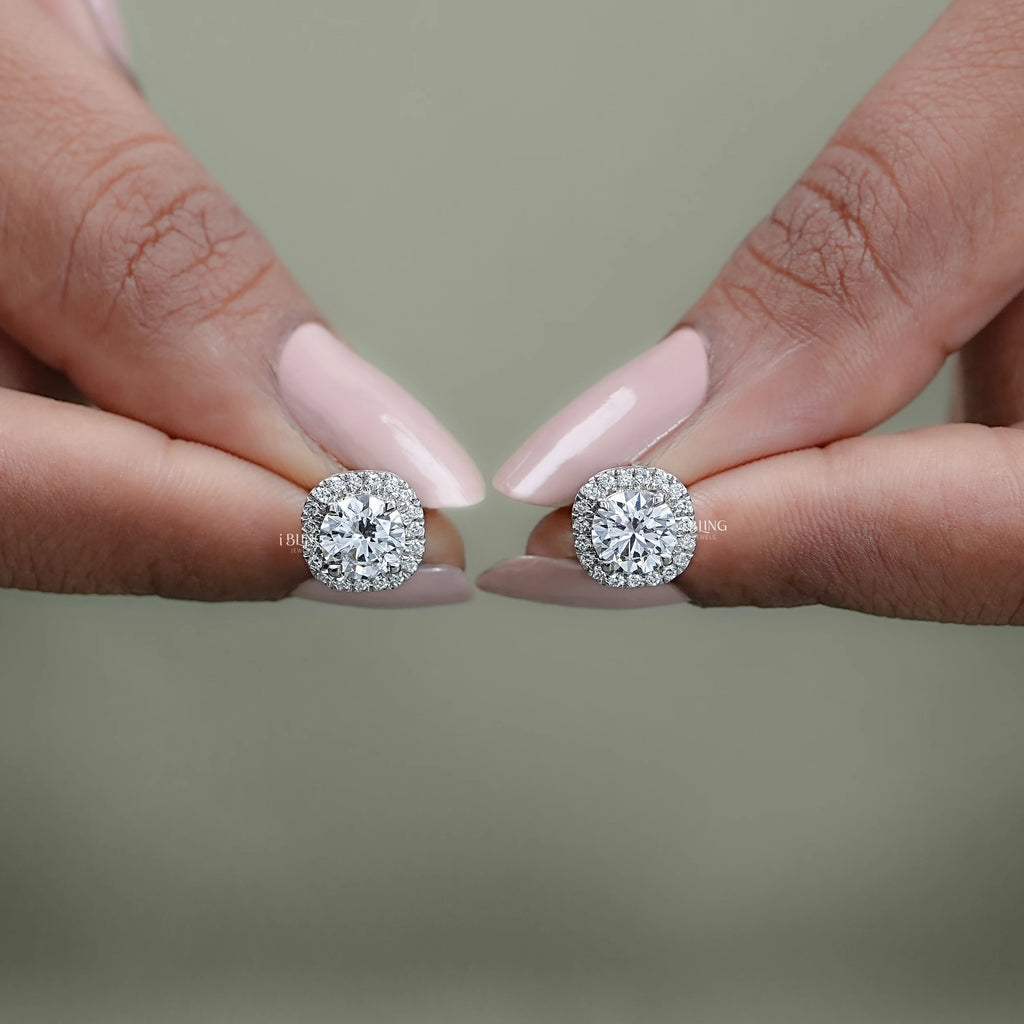 Round Cut Lab Diamond Halo Stud Earrings
