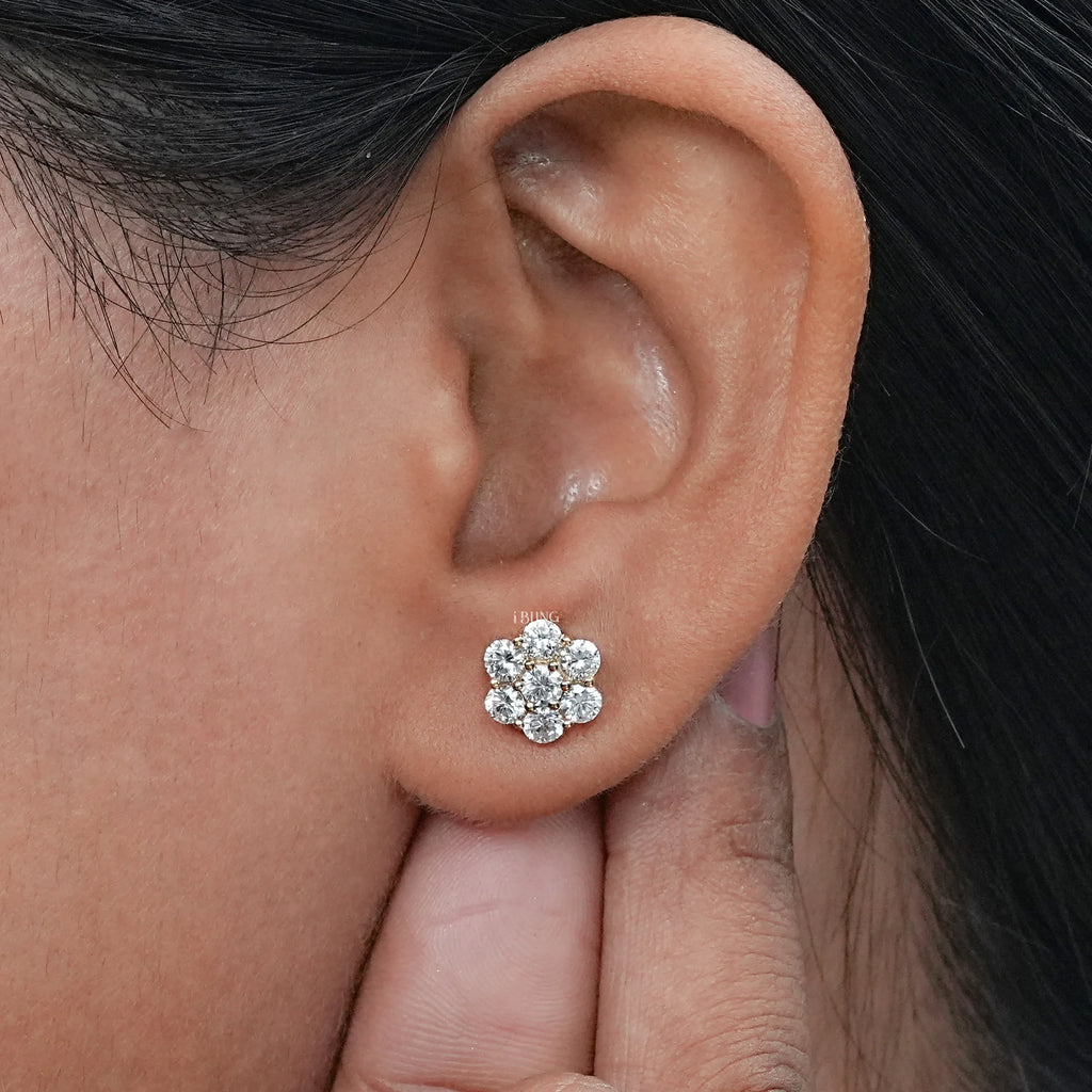 Round Cut Lab Diamond Floral Shape Stud Earrings