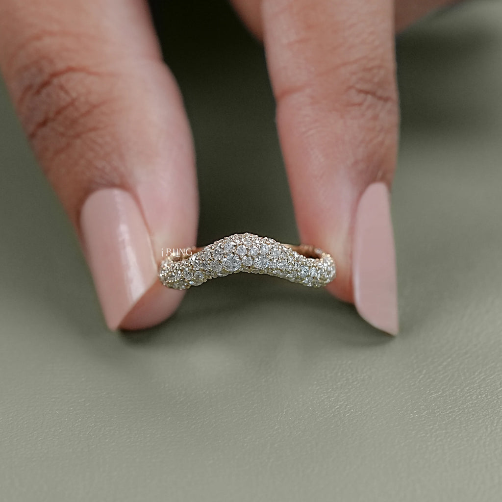 Round Diamond Pave Set Curved Wedding Band