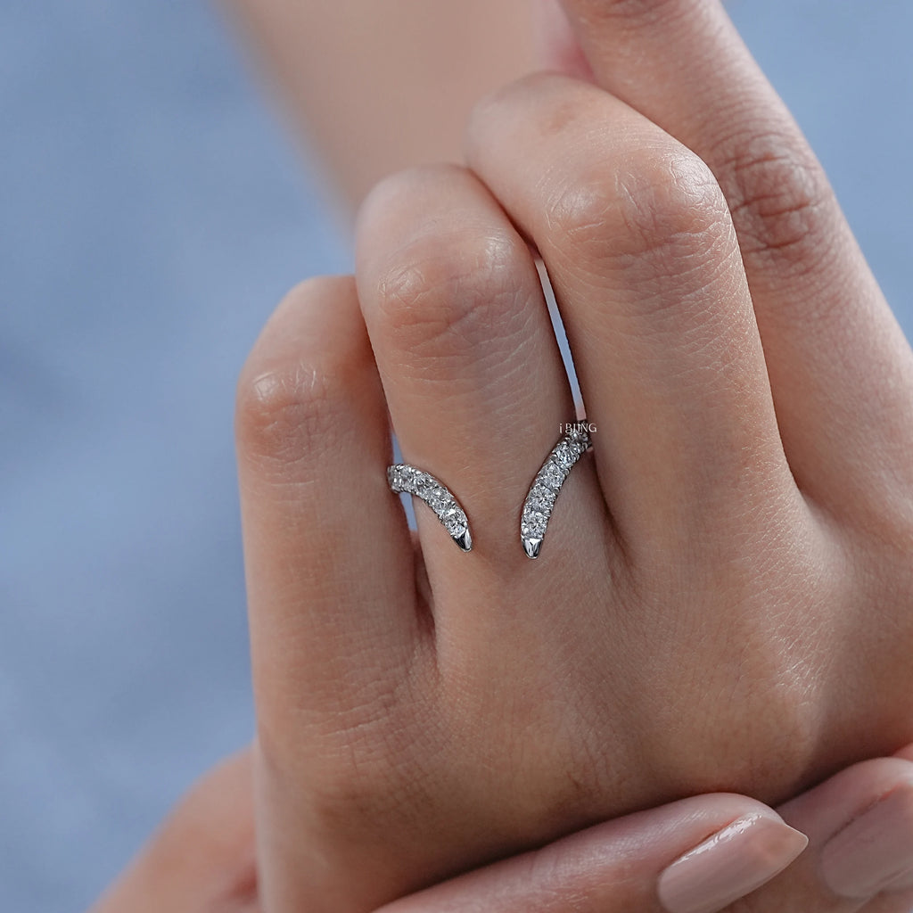 Open Cuff Round Diamond V Shape Wedding Band