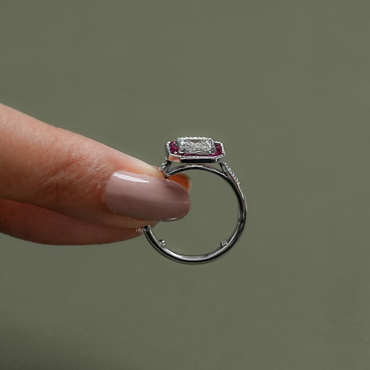 Ruby Tapered Baguette Halo Gemstone Engagement Ring