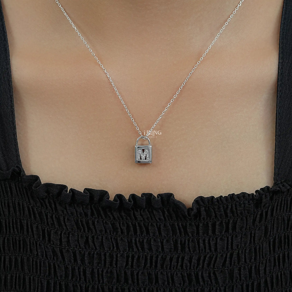 Round Cut Lab Diamond Padlock M Letter Necklace