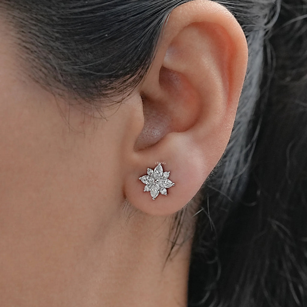 Marquise and Round Diamond Floral Stud Earrings