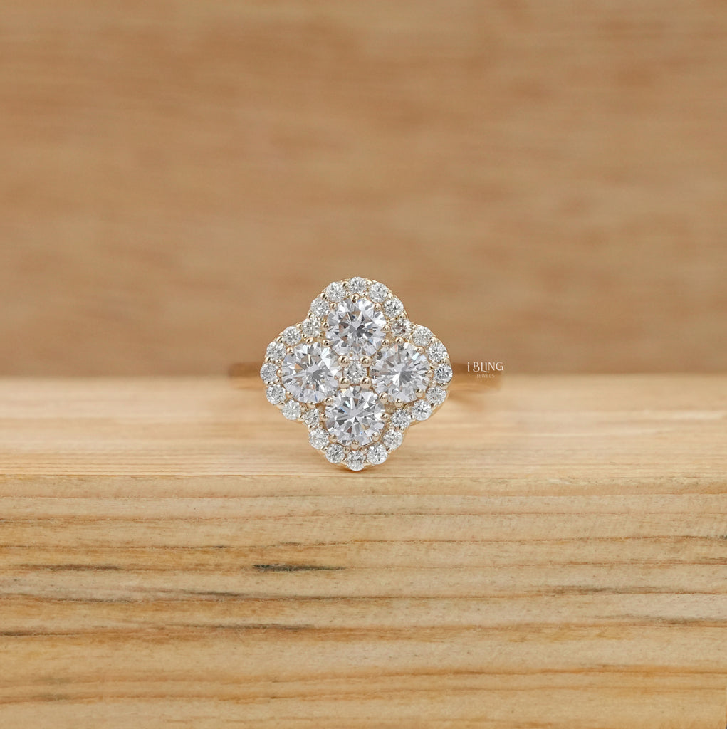 Round Lab Diamond Floral Design Halo Engagement Ring